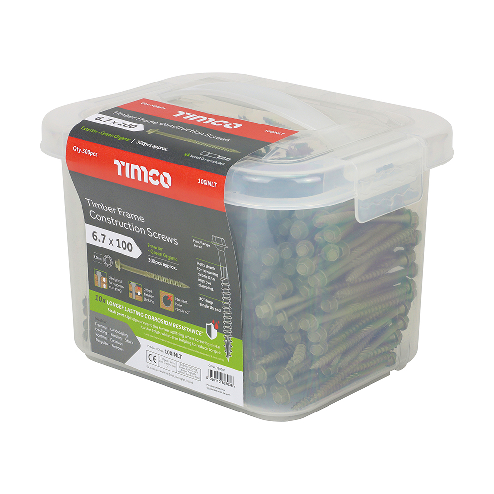 Timber Frame Construction & Landscaping Screws - Hex - Exterior - Green Organic - 6.7x100 - Large Tub