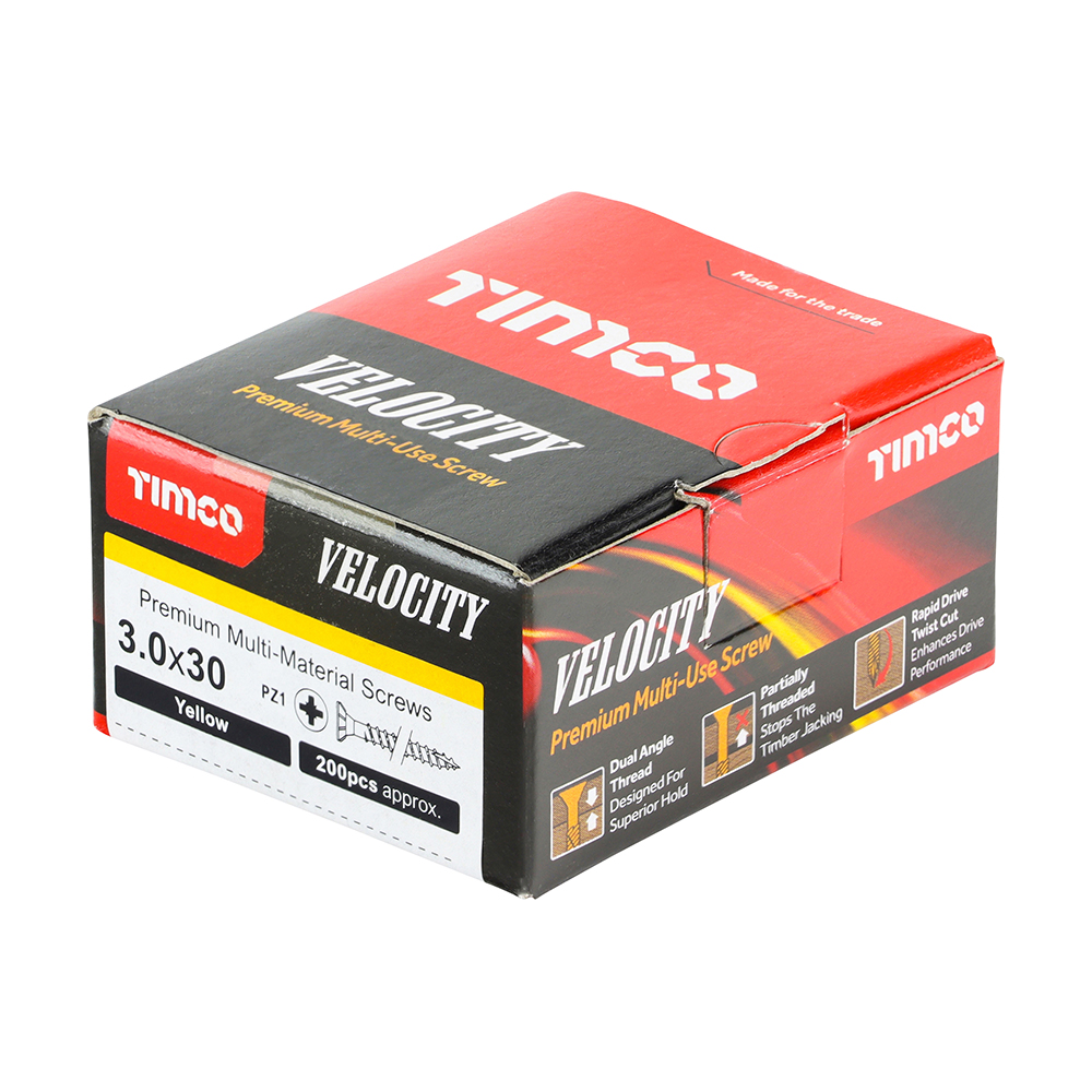 Velocity Premium Multi-Use Screws - PZ - Double Countersunk - Yellow - 3.0x30