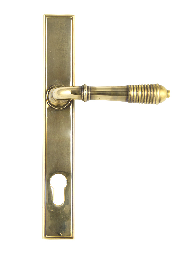 Aged Brass Reeded Slimline Lever Espag. Lock Set