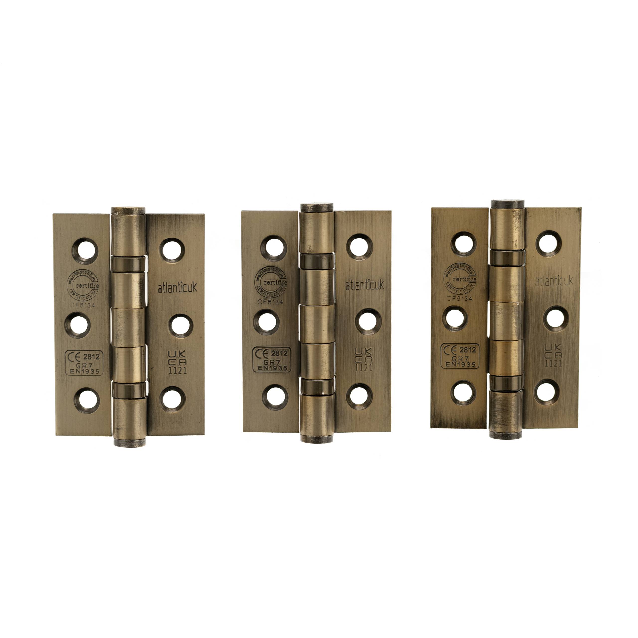 Atlantic CE Fire Rated Grade 7 Ball Bearing Hinges 3" x 2" x 2mm set of 3 - Antique Brass