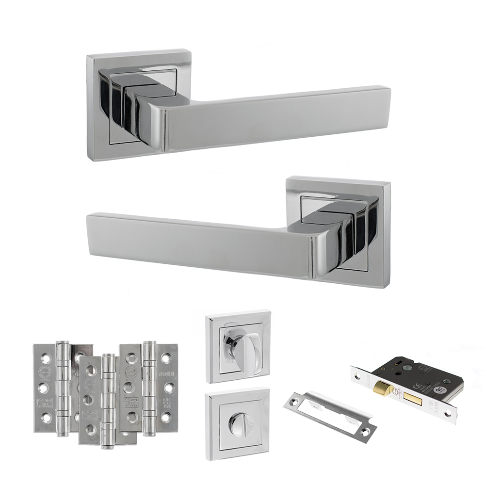 STATUS Montana Door Handle Pack (Bathroom Set - 2.5" CE Bathroom Lock, 3" Fire Rated Hinges x3) - Polished Chrome