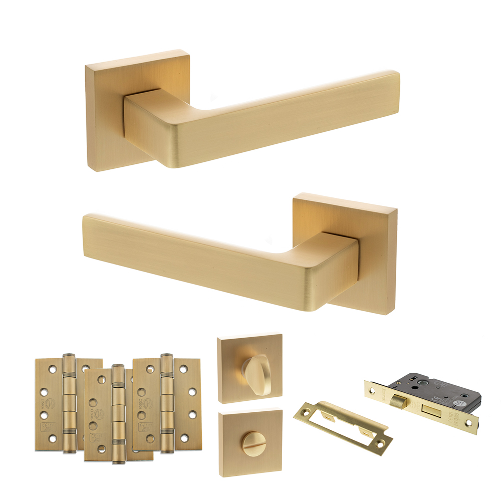STATUS Montana Door Handle Pack (Bathroom Set - 2.5" CE Bathroom Lock, 4" Fire Rated Hinges x3) - Satin Brass
