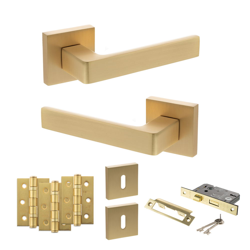 STATUS Montana Door Handle Pack (3 Lever Lock Set - 2.5" CE Sashlock, 3" Fire Rated Hinges x3) - Satin Brass