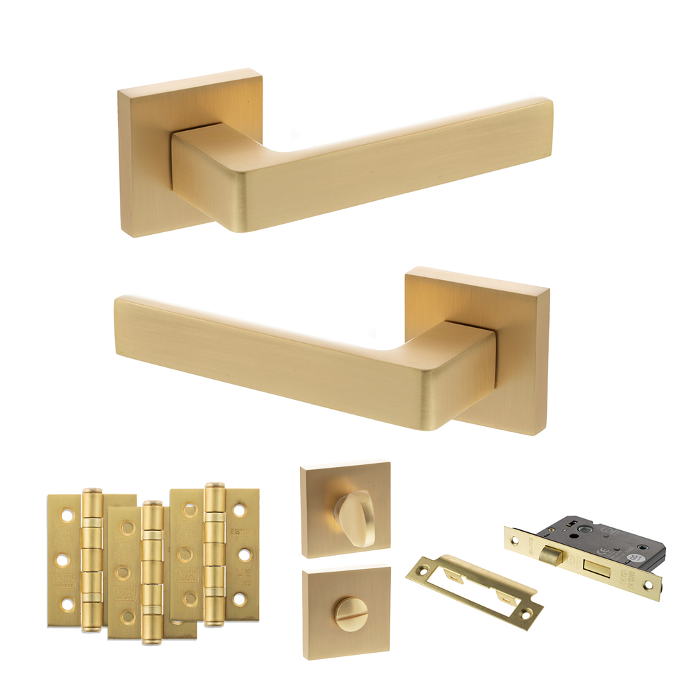 STATUS Montana Door Handle Pack (Bathroom Set - 2.5" CE Bathroom Lock, 3" Fire Rated Hinges x3) - Satin Brass