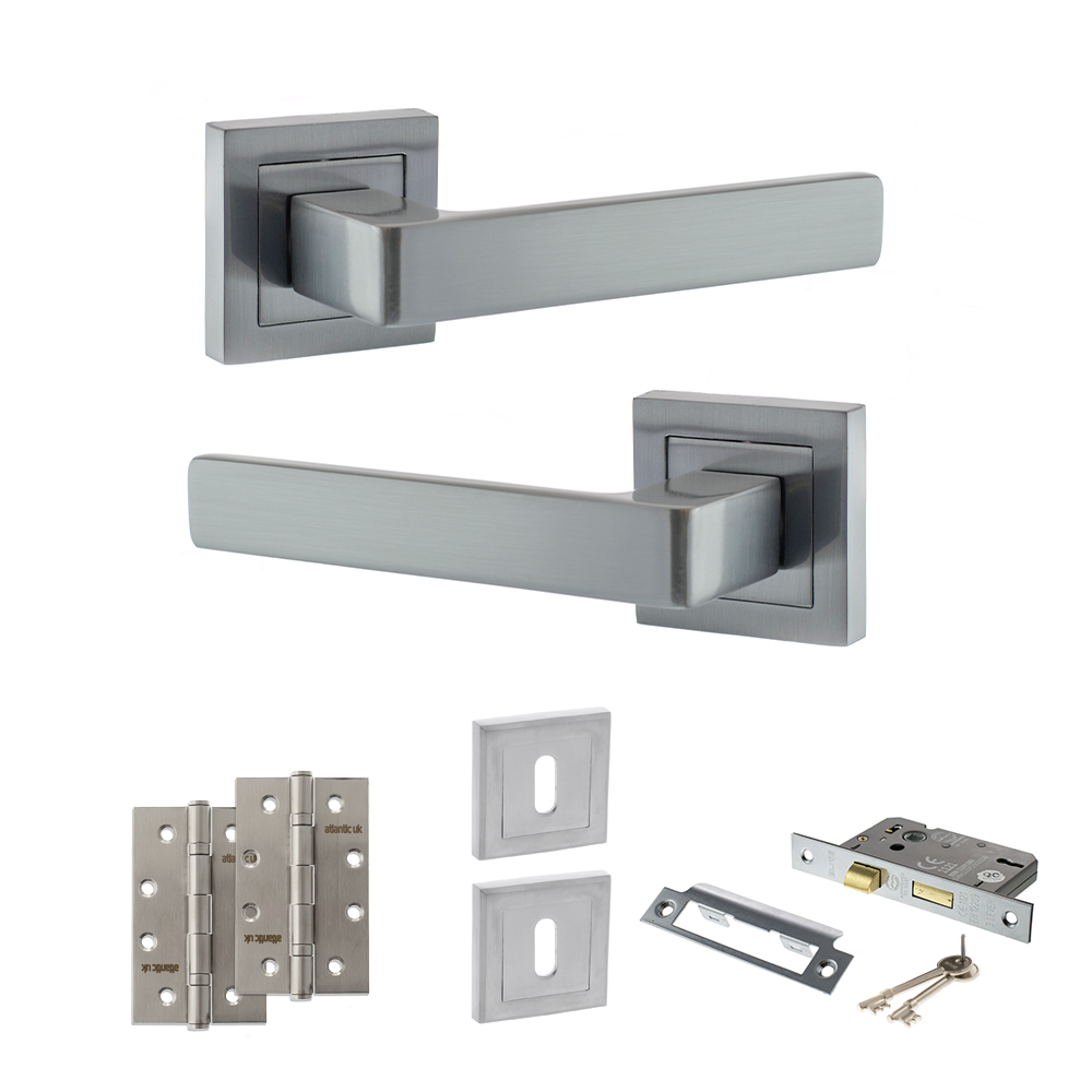 STATUS Montana Door Handle Pack (3 Lever Lock Set - 2.5" CE Sashlock, 4" Slim Knuckle Hinges x2) - Satin Chrome