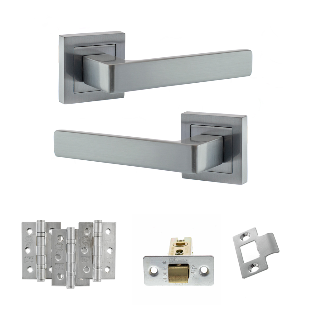 STATUS Montana Door Handle Pack (Latch Set - 3" CE Latch, 3" Fire Rated Hinges x3) - Satin Chrome