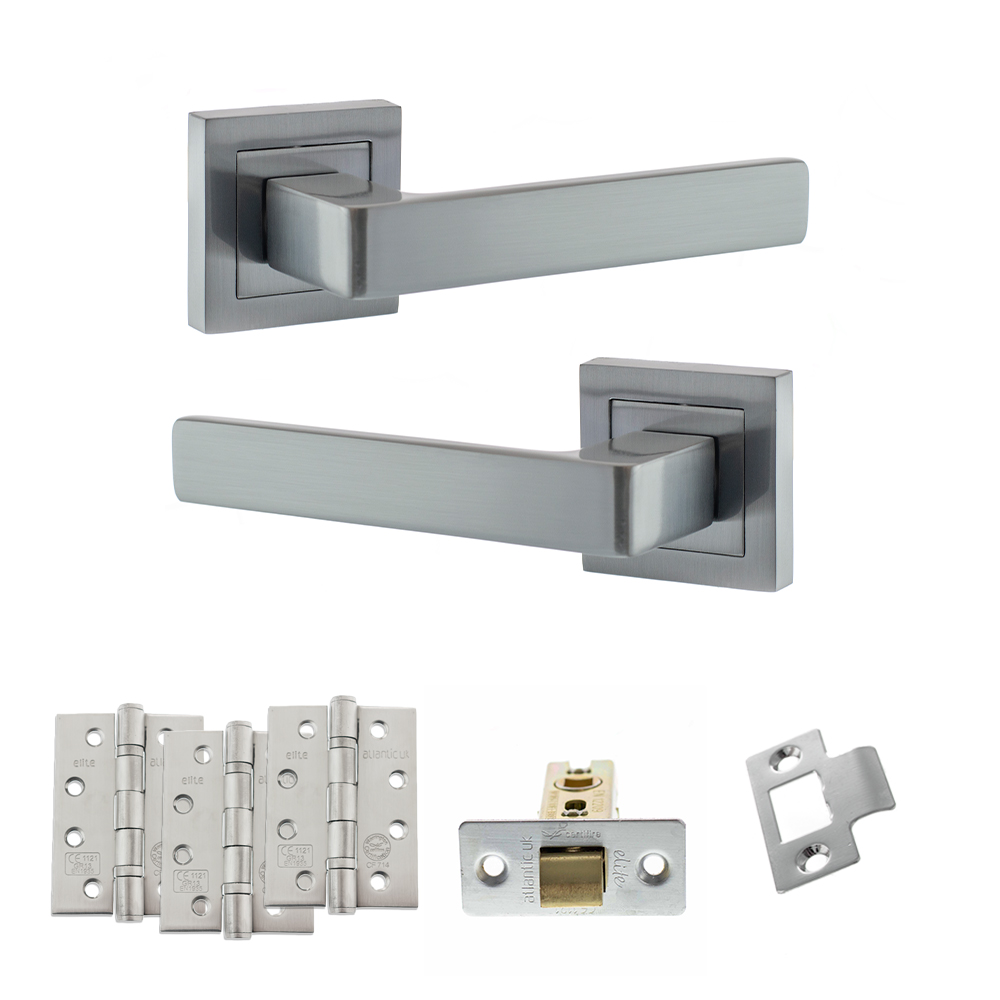 STATUS Montana Door Handle Pack (Latch Set - 3" CE Latch, 4" Fire Rated Hinges x3) - Satin Chrome