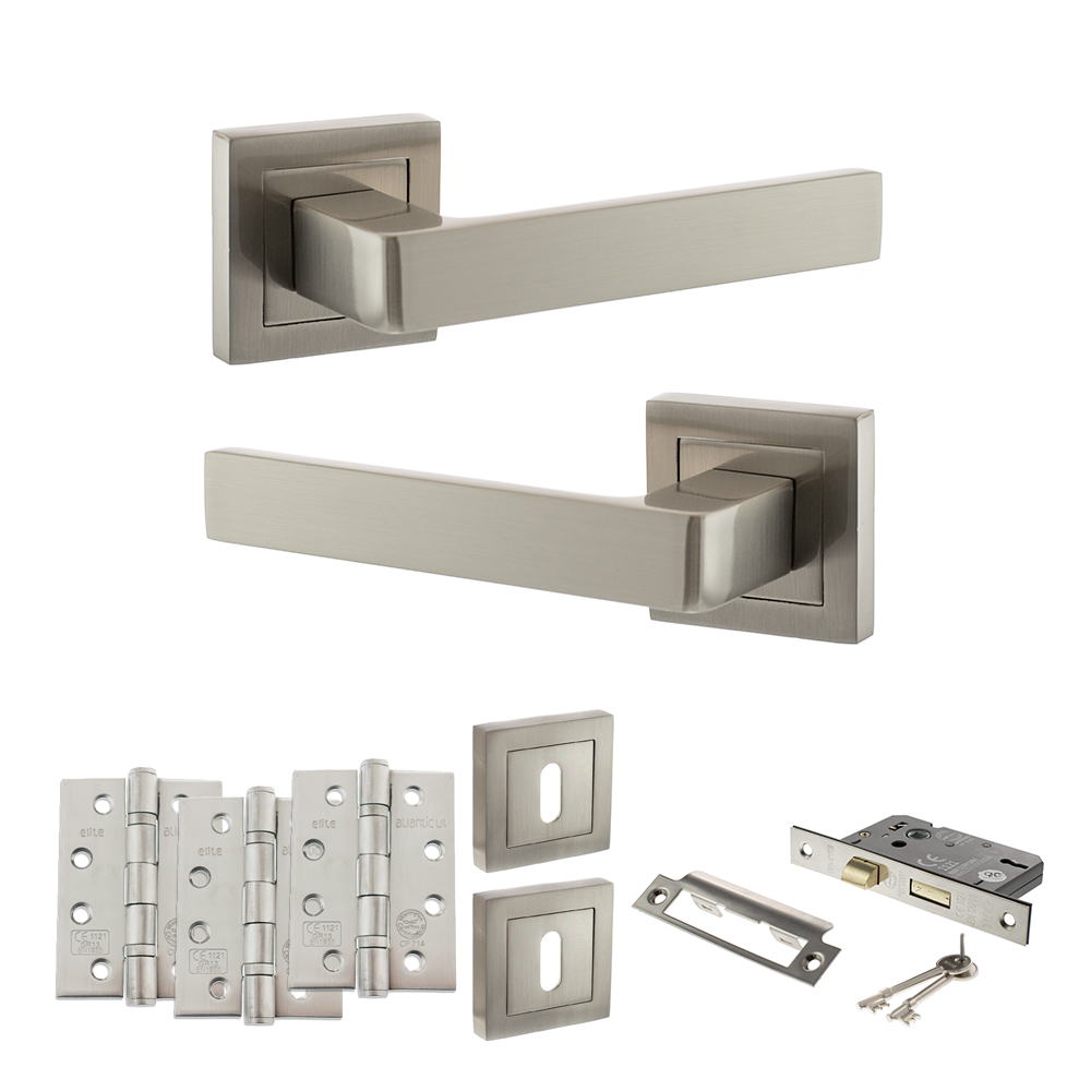 STATUS Montana Door Handle Pack (3 Lever Lock Set - 2.5" CE Sashlock, 4" Fire Rated Hinges x3) - Satin Nickel