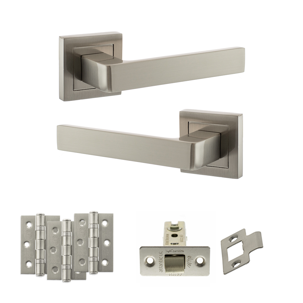 STATUS Montana Door Handle Pack (Latch Set - 2.5" CE Latch, 3" Fire Rated Hinges x3) - Satin Nickel