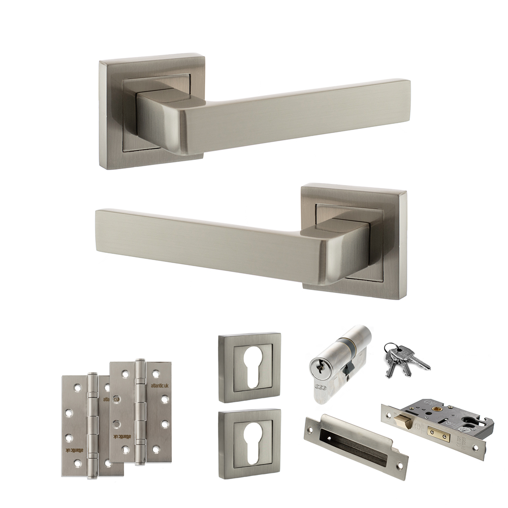 STATUS Montana Door Handle Pack (Euro Lock Set - 2.5" CE Sashlock, 4" Slim Knuckle Hinges x2) - Satin Nickel