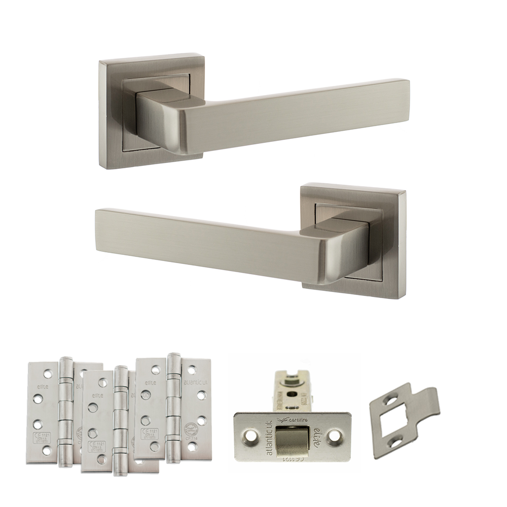 STATUS Montana Door Handle Pack (Latch Set - 3" CE Latch, 4" Fire Rated Hinges x3) - Satin Nickel