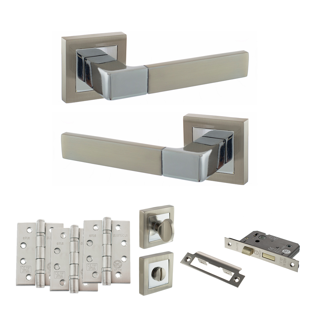 STATUS Montana Door Handle Pack (Bathroom Set - 2.5" CE Bathroom Lock, 4" Fire Rated Hinges x3) - Satin Nickel/Polished Chrome