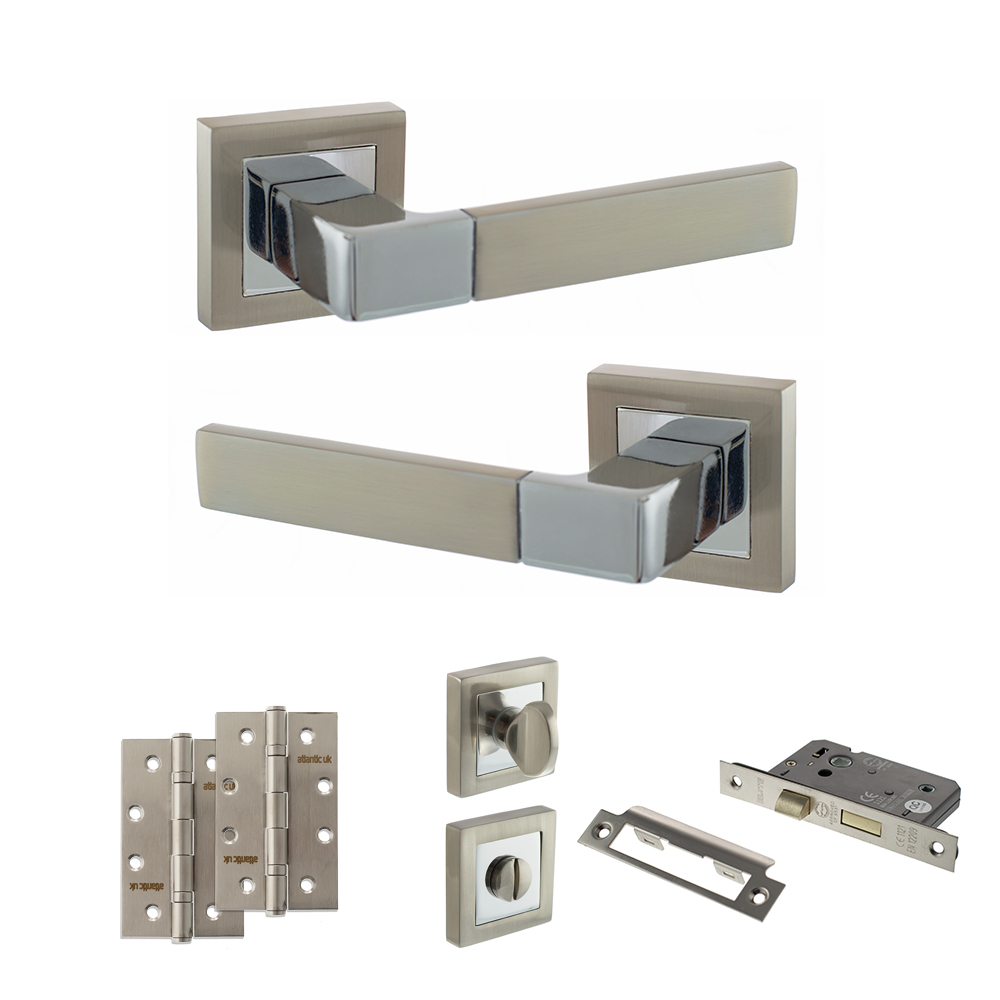 STATUS Montana Door Handle Pack (Bathroom Set - 3" CE Bathroom Lock, 4" Slim Knuckle Hinges x2) - Satin Nickel/Polished Chrome