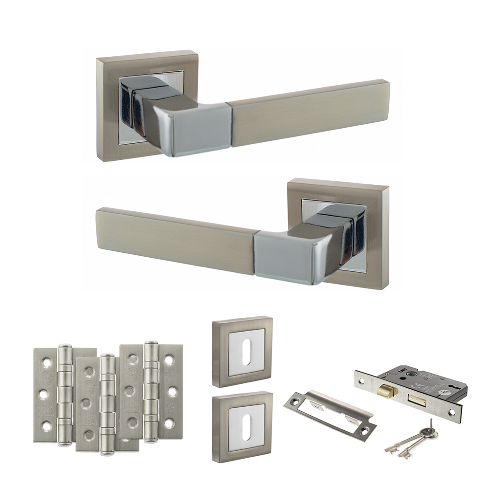 STATUS Montana Door Handle Pack (3 Lever Lock Set - 3" CE Sashlock, 3" Fire Rated Hinges x3) - Satin Nickel/Polished Chrome