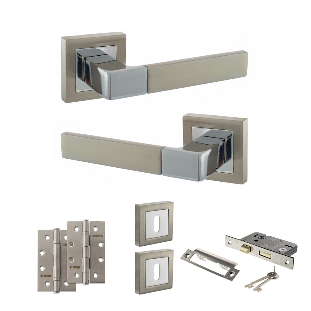 STATUS Montana Door Handle Pack (3 Lever Lock Set - 3" CE Sashlock, 4" Slim Knuckle Hinges x2) - Satin Nickel/Polished Chrome