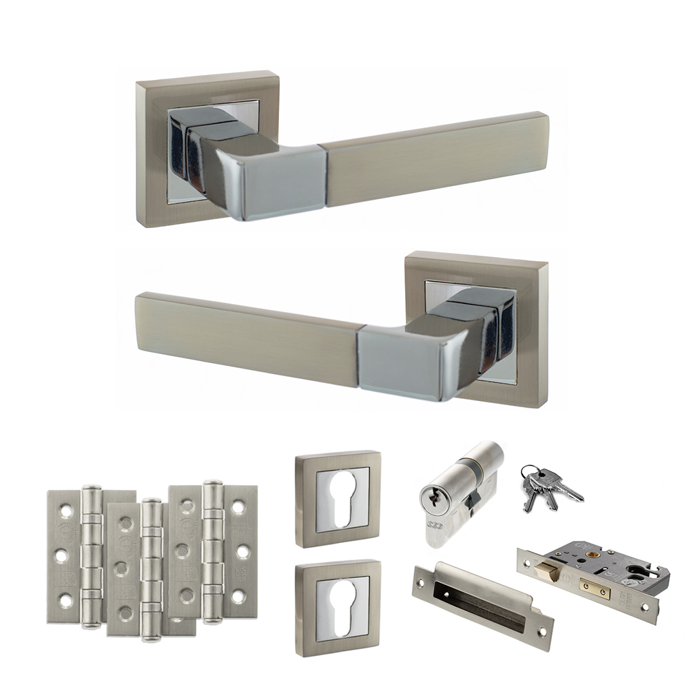 STATUS Montana Door Handle Pack (Euro Lock Set - 2.5" CE Sashlock, 3" Fire Rated Hinges x3) - Satin Nickel/Polished Chrome