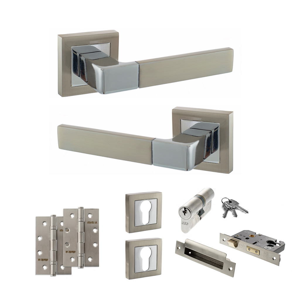 STATUS Montana Door Handle Pack (Euro Lock Set - 2.5" CE Sashlock, 4" Slim Knuckle Hinges x2) - Satin Nickel/Polished Chrome
