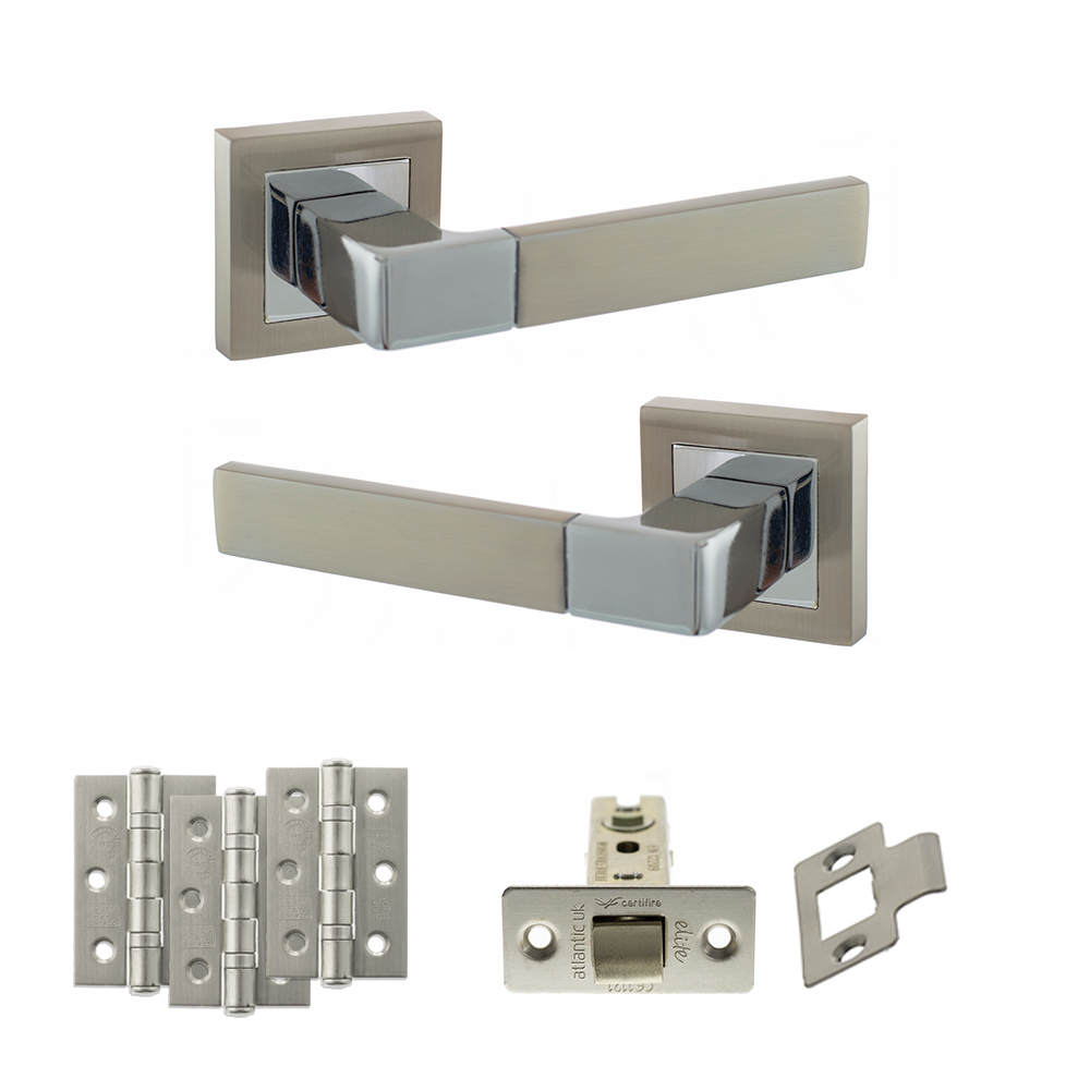 STATUS Montana Door Handle Pack (Latch Set - 3" CE Latch, 3" Fire Rated Hinges x3) - Satin Nickel/Polished Chrome