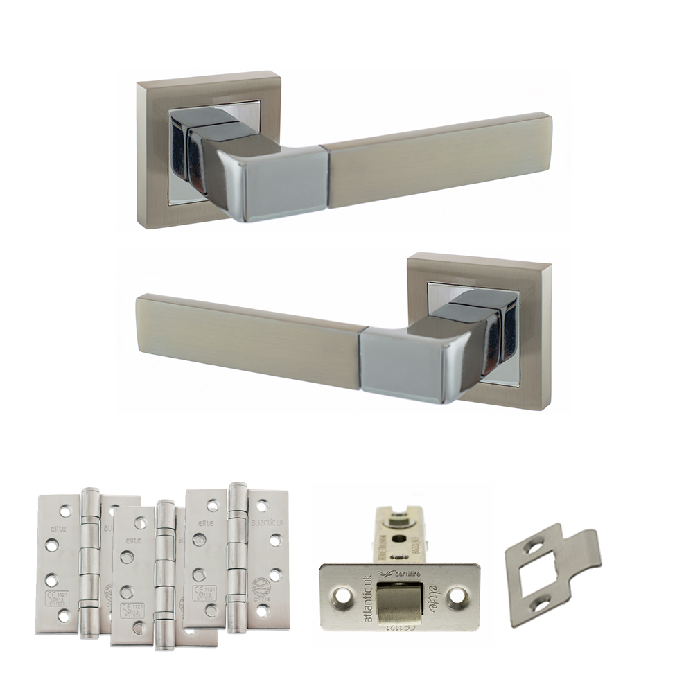 STATUS Montana Door Handle Pack (Latch Set - 3" CE Latch, 4" Fire Rated Hinges x3) - Satin Nickel/Polished Chrome