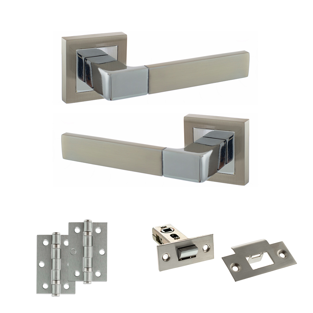 STATUS Montana Door Handle Pack (Latch Set - 2.5" Latch, 3" Hinges x2) - Satin Nickel/Polished Chrome