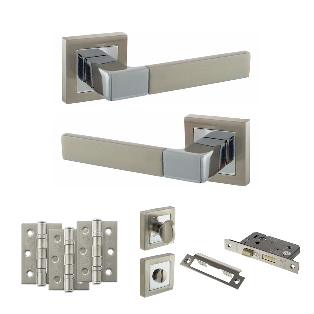 STATUS Montana Door Handle Pack (Bathroom Set - 3" CE Bathroom Lock, 3" Fire Rated Hinges x3) - Satin Nickel/Polished Chrome
