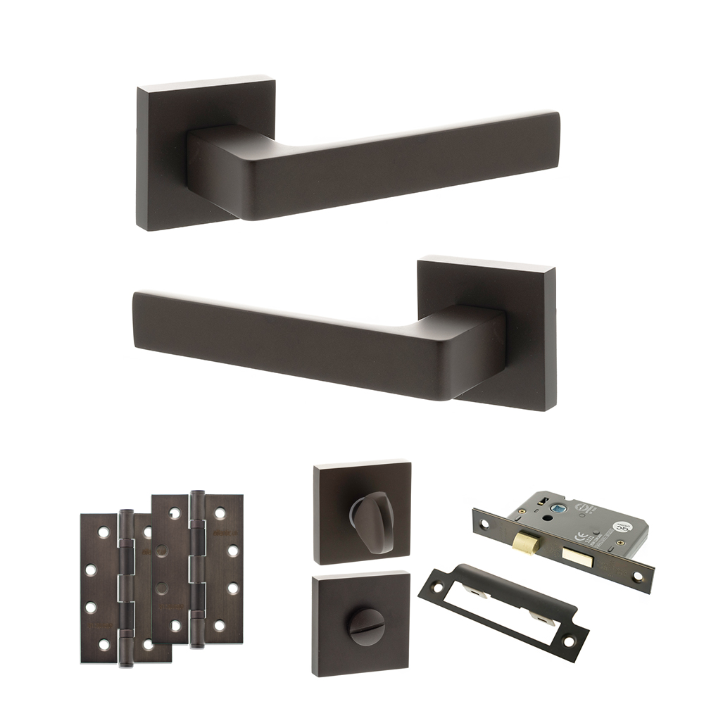 STATUS Montana Door Handle Pack (Bathroom Set - 2.5" CE Bathroom Lock, 4" Slim Knuckle Hinges x2) - Urban Dark Bronze