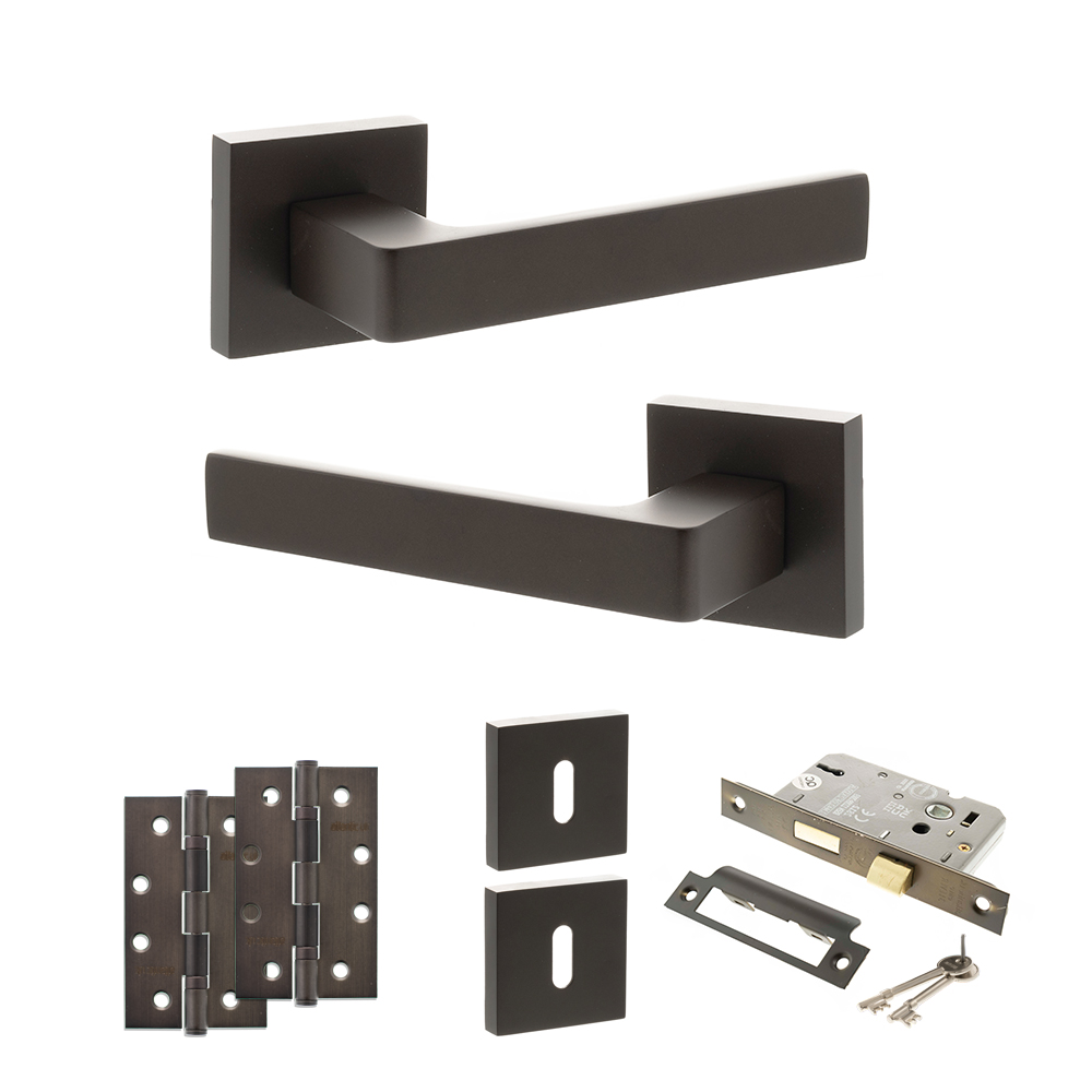 STATUS Montana Door Handle Pack (3 Lever Lock Set - 3" CE Sashlock, 4" Slim Knuckle Hinges x2) - Urban Dark Bronze
