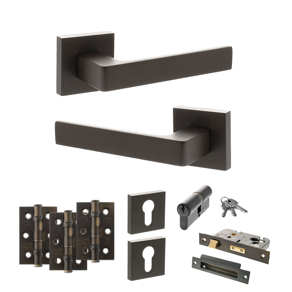 STATUS Montana Door Handle Pack (Euro Lock Set - 3" CE Sashlock, 3" Fire Rated Hinges x3) - Urban Dark Bronze
