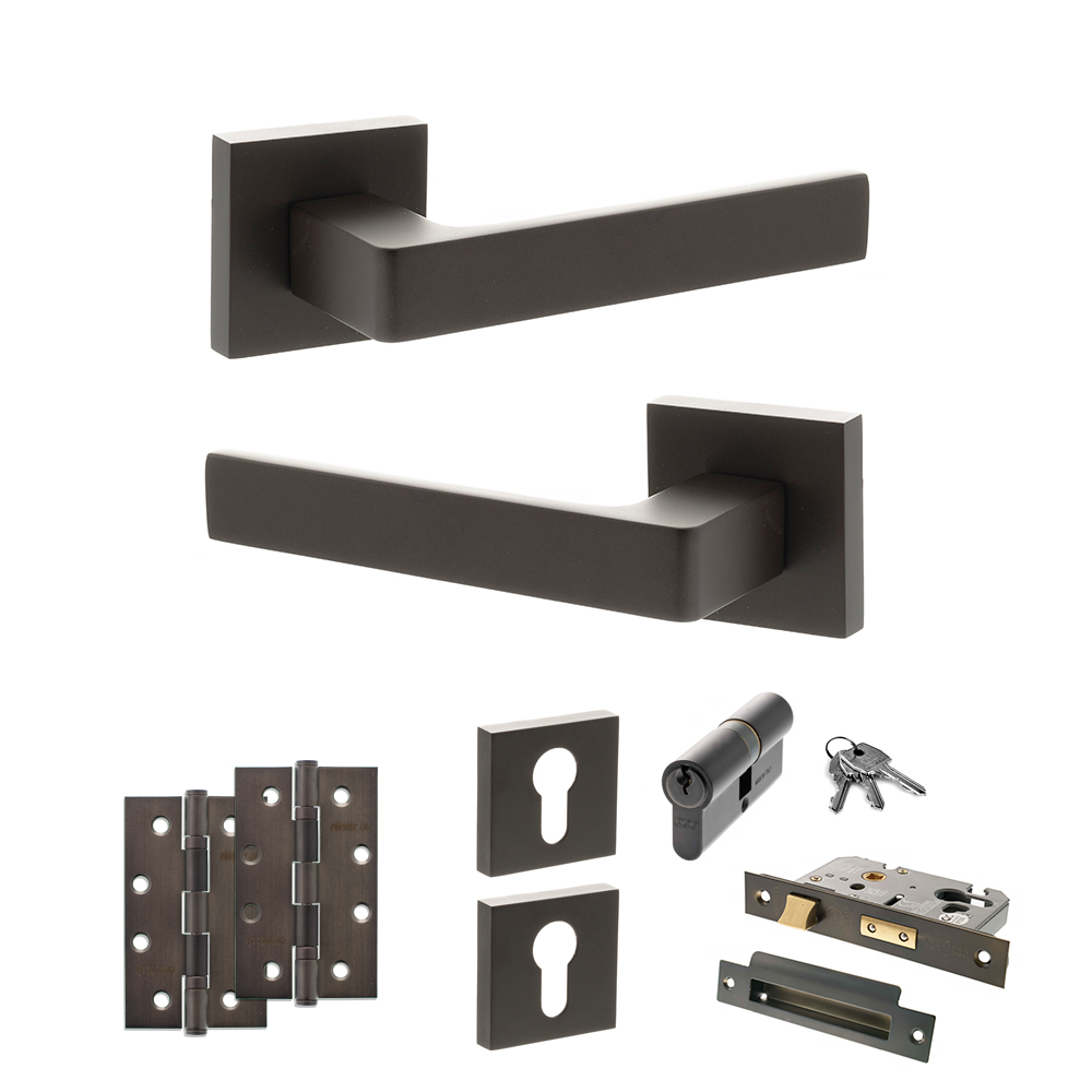 STATUS Montana Door Handle Pack (Euro Lock Set - 2.5" CE Sashlock, 4" Slim Knuckle Hinges x2) - Urban Dark Bronze