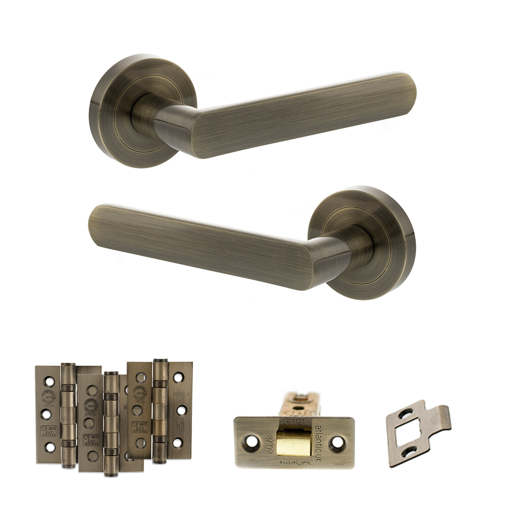 STATUS Carolina Door Handle Pack (Latch Set - 3" CE Latch, 3" Fire Rated Hinges x3) - Antique Brass