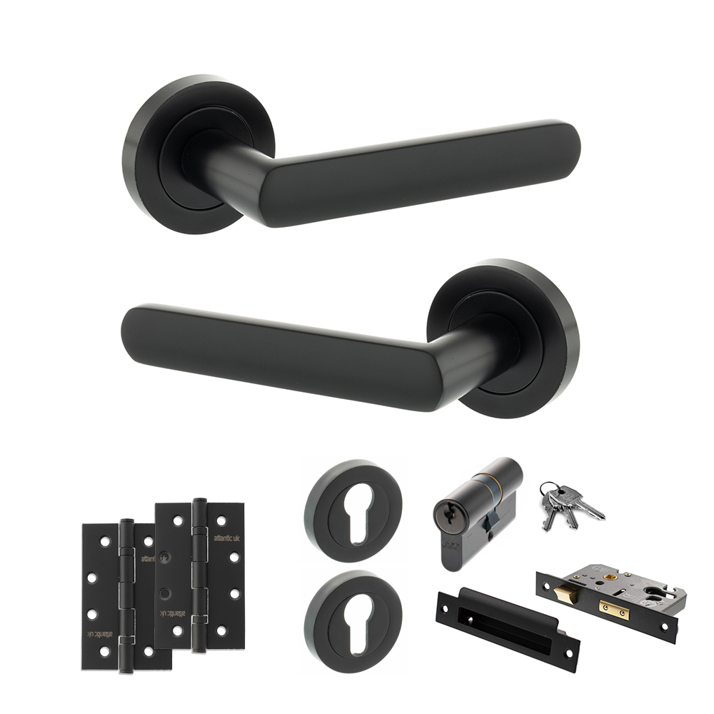 STATUS Carolina Door Handle Pack (Euro Lock Set - 2.5" CE Sashlock, 4" Slim Knuckle Hinges x2) - Matt Black