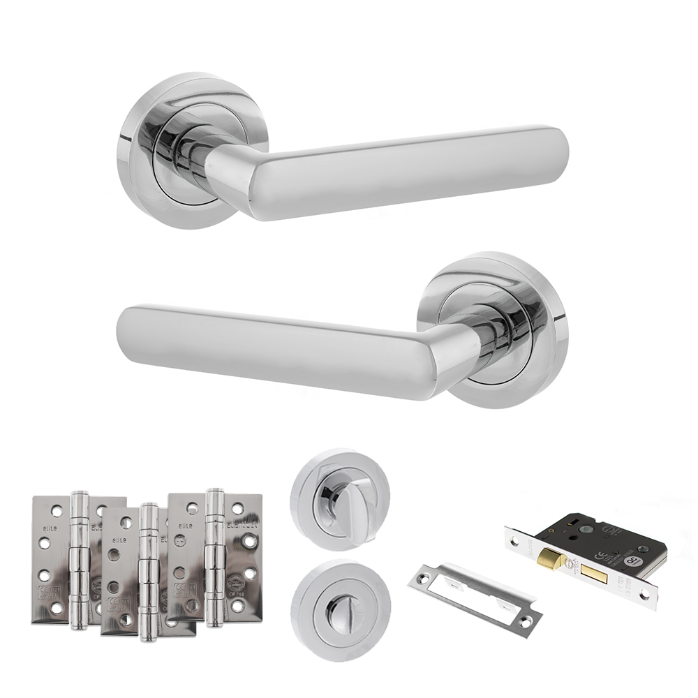 STATUS Carolina Door Handle Pack (Bathroom Set - 2.5" CE Bathroom Lock, 4" Fire Rated Hinges x3) - Polished Chrome