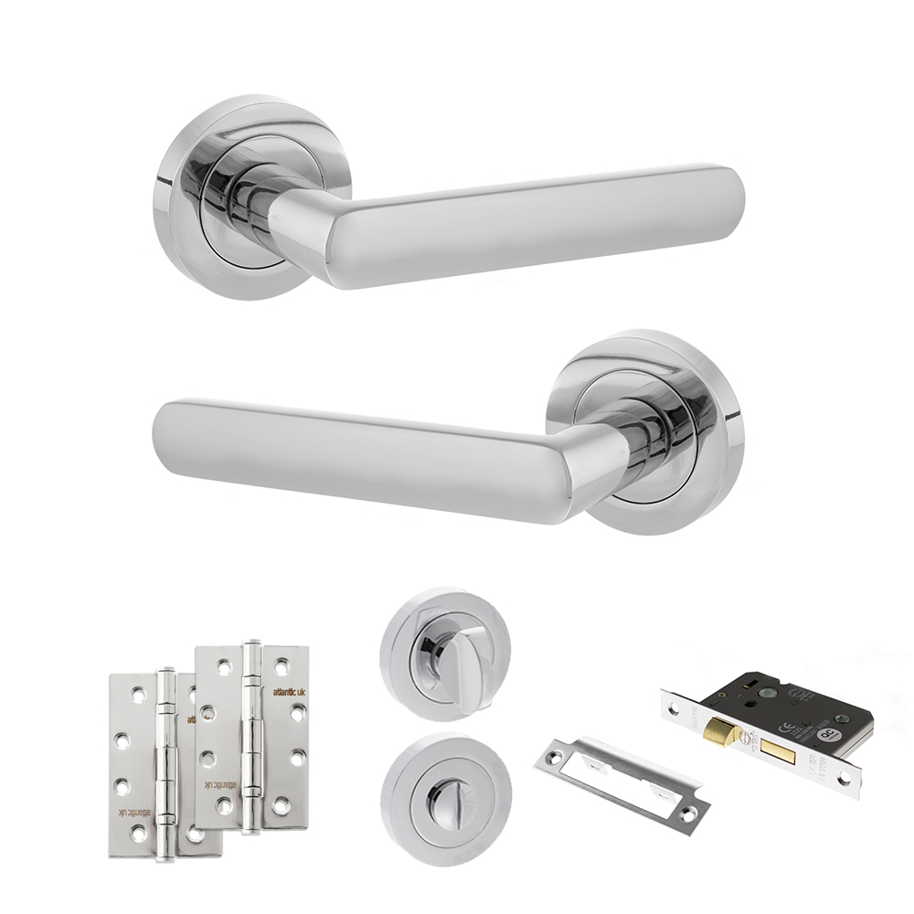 STATUS Carolina Door Handle Pack (Bathroom Set - 3" CE Bathroom Lock, 4" Slim Knuckle Hinges x2) - Polished Chrome