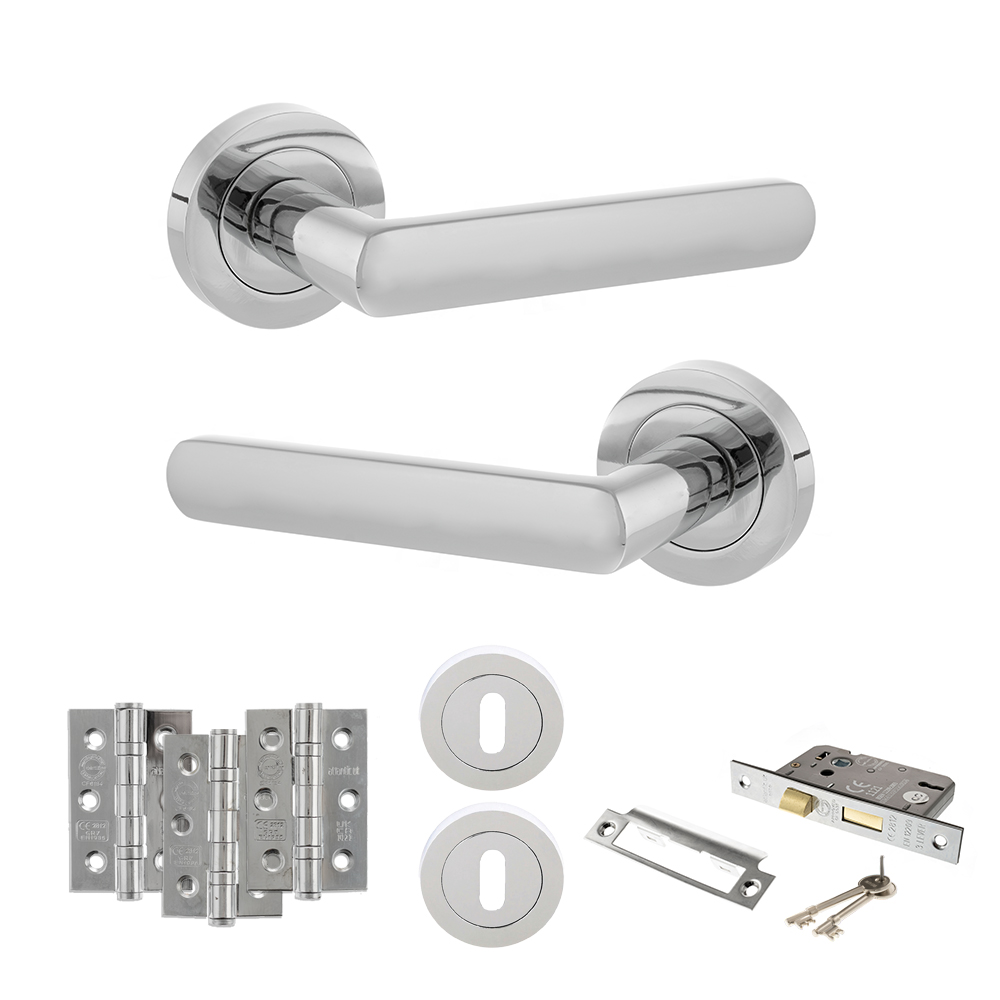 STATUS Carolina Door Handle Pack (3 Lever Lock Set - 2.5" CE Sashlock, 3" Fire Rated Hinges x3) - Polished Chrome