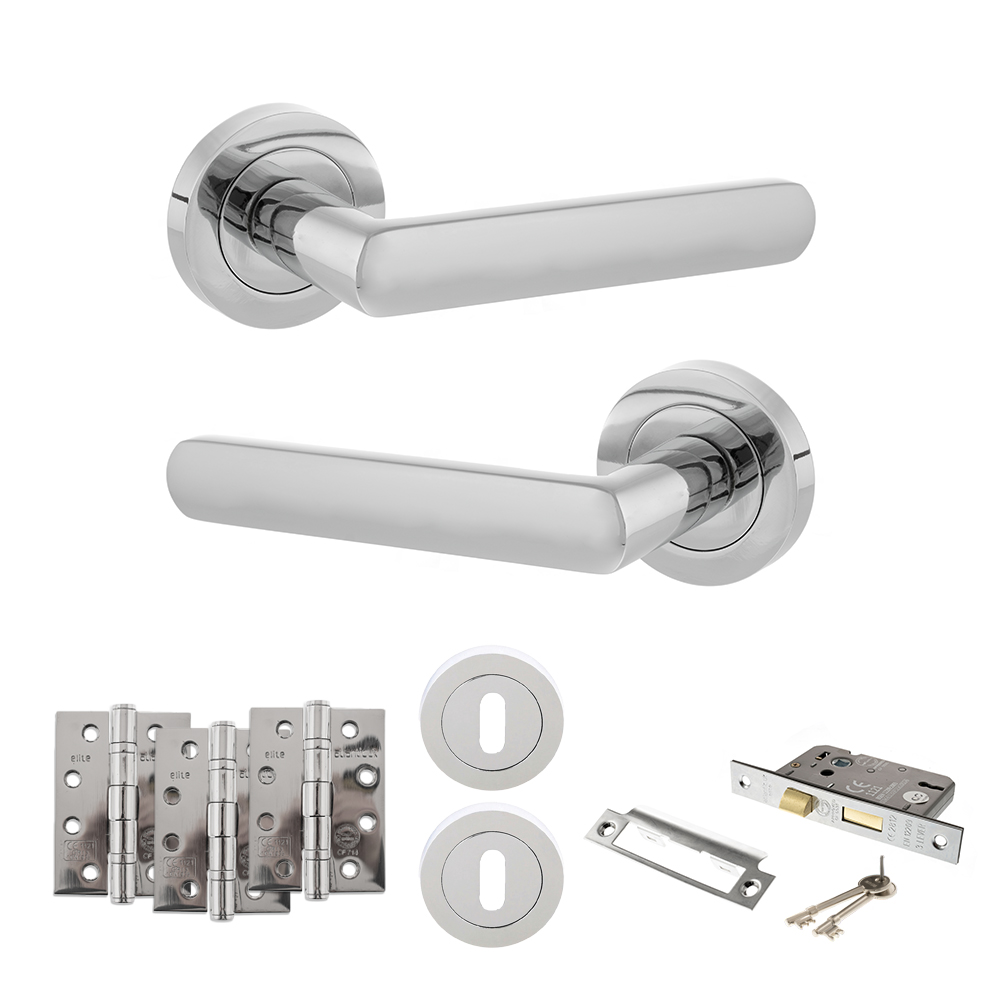 STATUS Carolina Door Handle Pack (3 Lever Lock Set - 3" CE Sashlock, 4" Fire Rated Hinges x3) - Polished Chrome