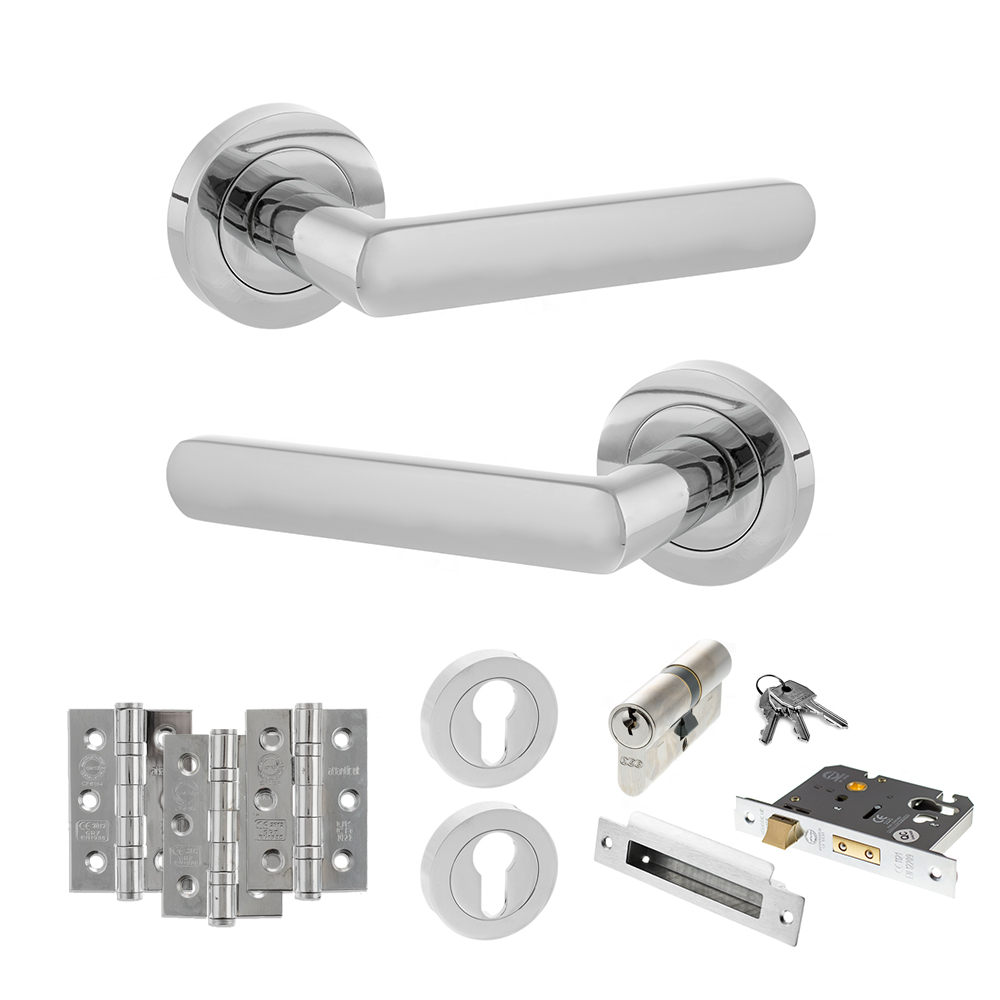 STATUS Carolina Door Handle Pack (Euro Lock Set - 2.5" CE Sashlock, 3" Fire Rated Hinges x3) - Polished Chrome