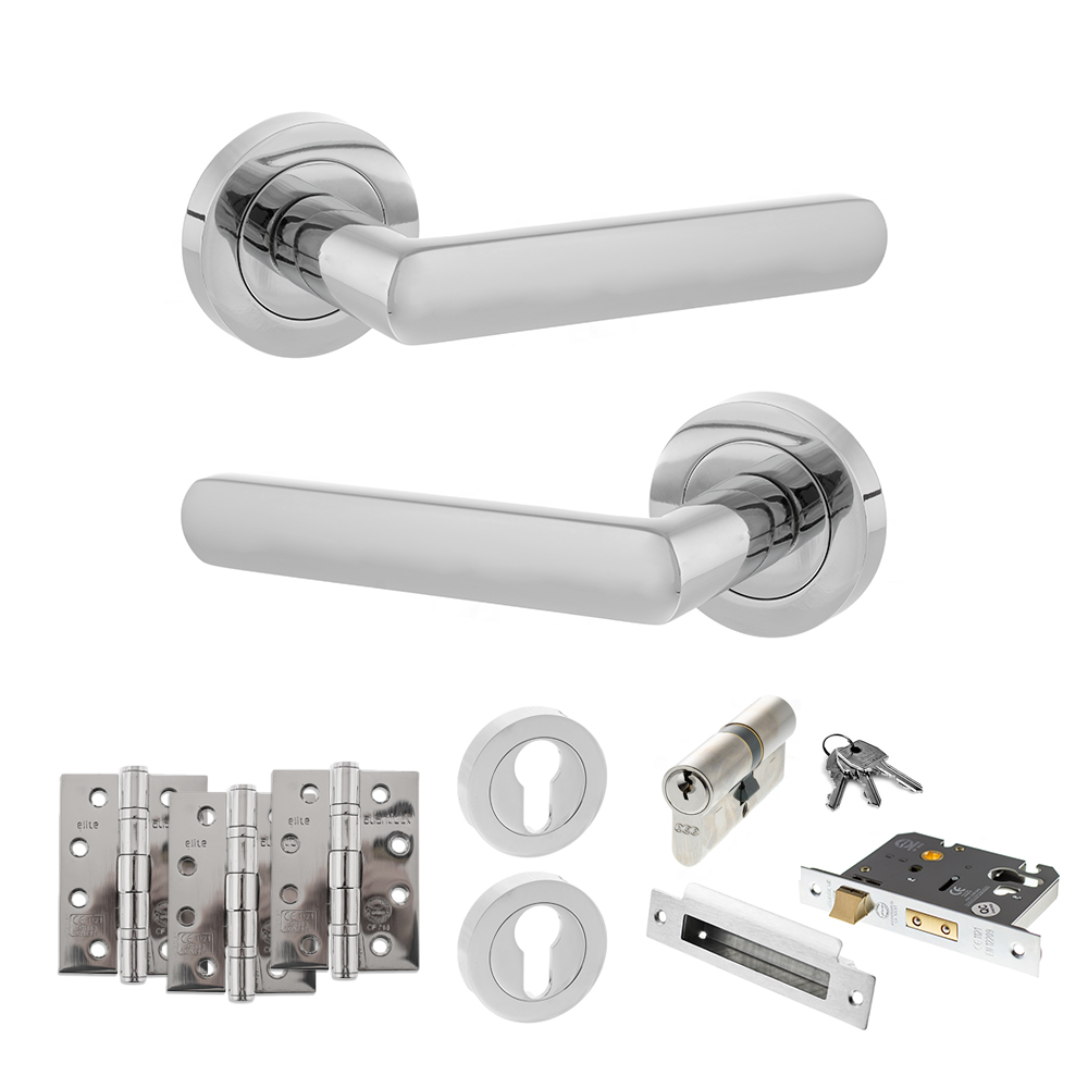 STATUS Carolina Door Handle Pack (Euro Lock Set - 3" CE Sashlock, 4" Fire Rated Hinges x3) - Polished Chrome