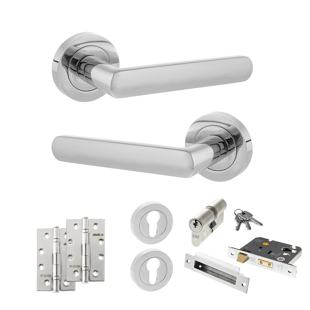 STATUS Carolina Door Handle Pack (Euro Lock Set - 2.5" CE Sashlock, 4" Slim Knuckle Hinges x2) - Polished Chrome
