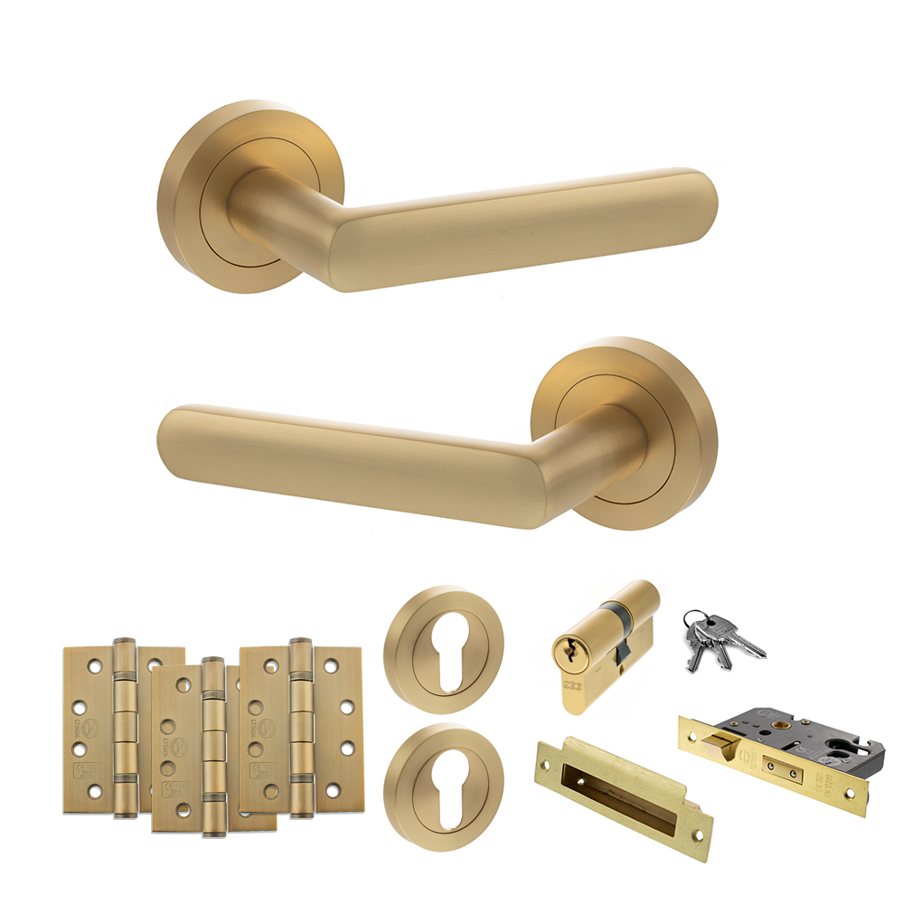 STATUS Carolina Door Handle Pack (Euro Lock Set - 3" CE Sashlock, 4" Fire Rated Hinges x3) - Satin Brass