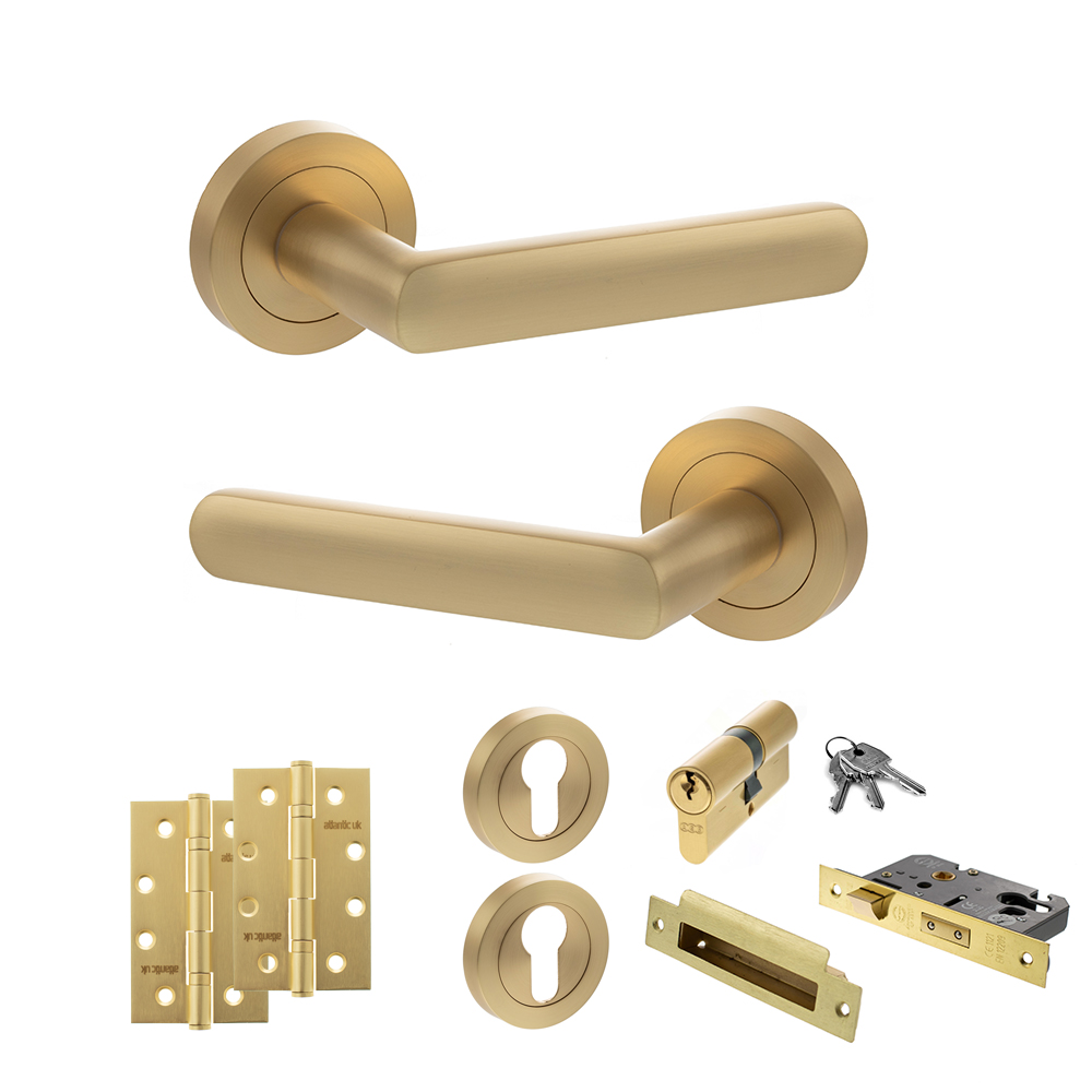 STATUS Carolina Door Handle Pack (Euro Lock Set - 3" CE Sashlock, 4" Slim Knuckle Hinges x2) - Satin Brass