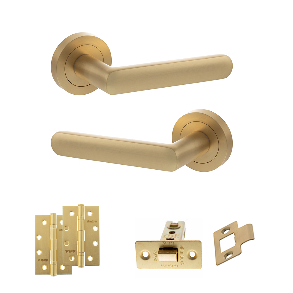 STATUS Carolina Door Handle Pack (Latch Set - 3" CE Latch, 4" Slim Knuckle Hinges x2) - Satin Brass