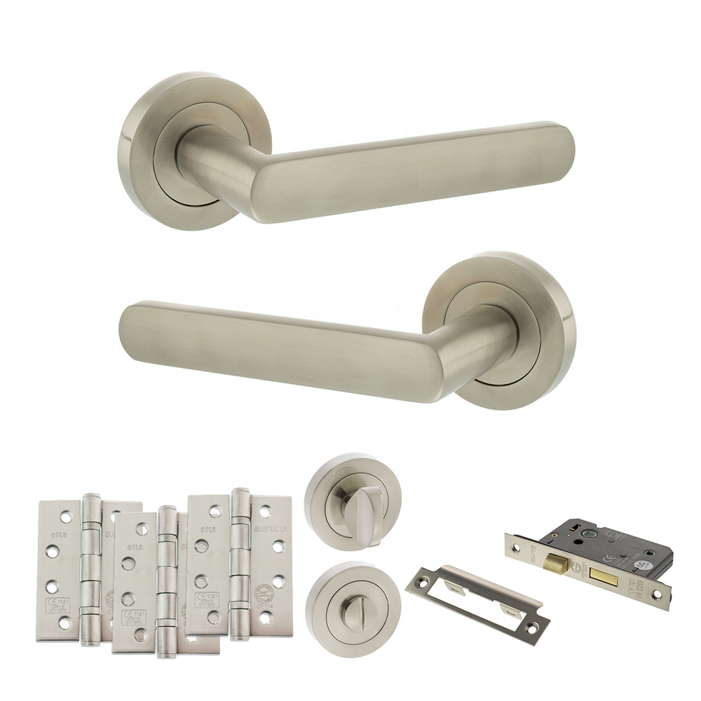 STATUS Carolina Door Handle Pack (Bathroom Set - 3" CE Bathroom Lock, 4" Fire Rated Hinges x3) - Satin Nickel