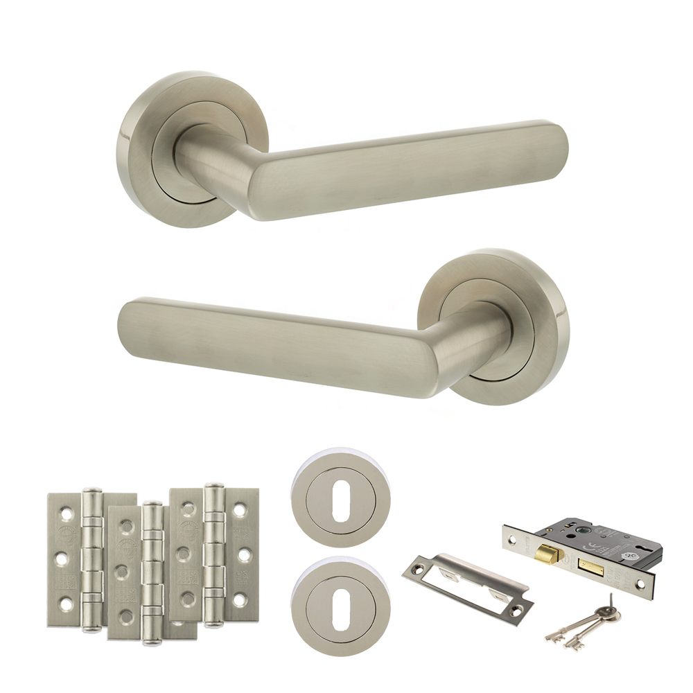 STATUS Carolina Door Handle Pack (3 Lever Lock Set - 2.5" CE Sashlock, 3" Fire Rated Hinges x3) - Satin Nickel