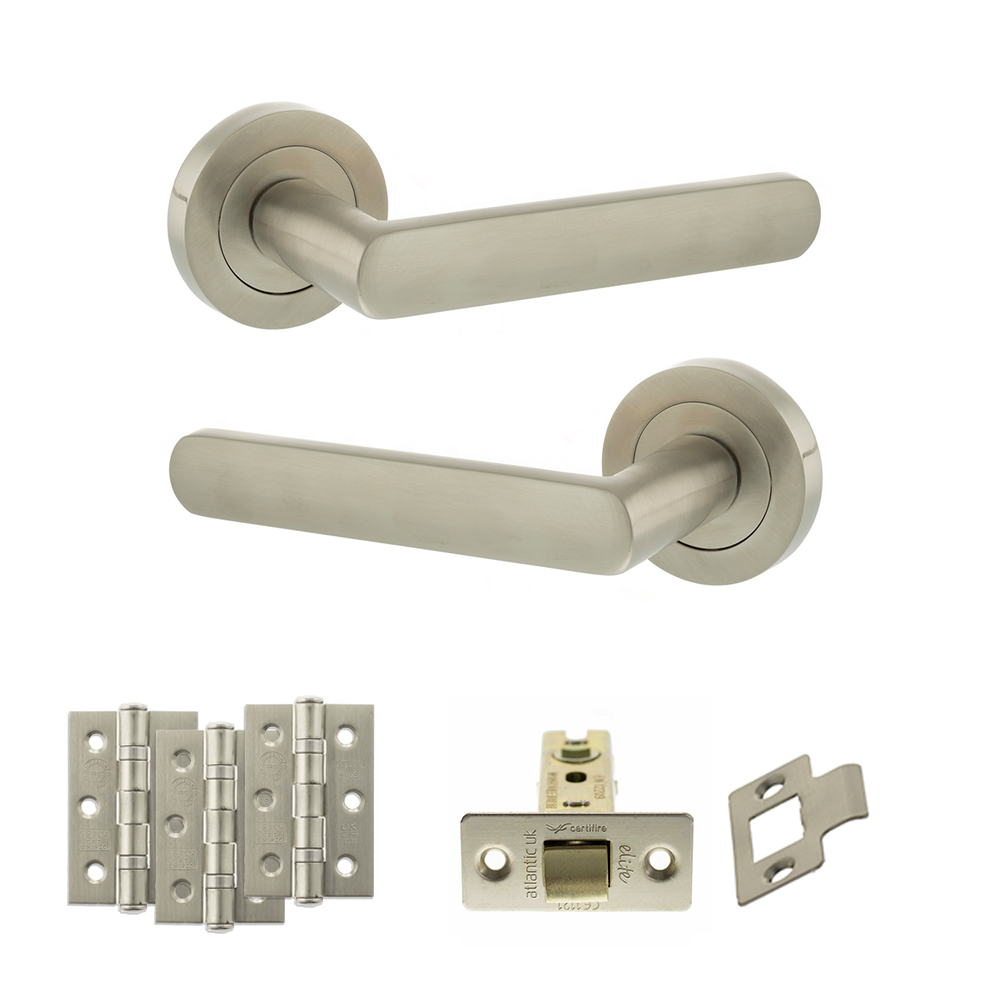 STATUS Carolina Door Handle Pack (Latch Set - 2.5" CE Latch, 3" Fire Rated Hinges x3) - Satin Nickel