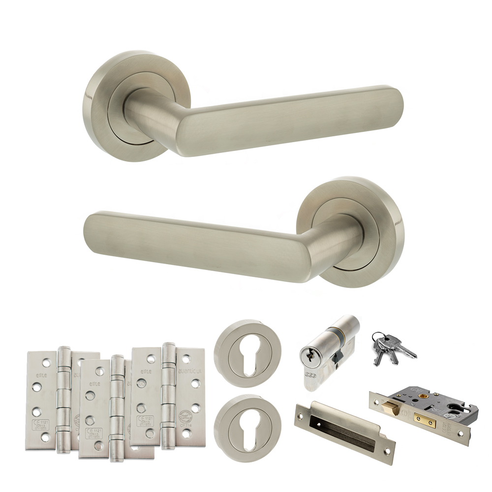STATUS Carolina Door Handle Pack (Euro Lock Set - 3" CE Sashlock, 4" Fire Rated Hinges x3) - Satin Nickel