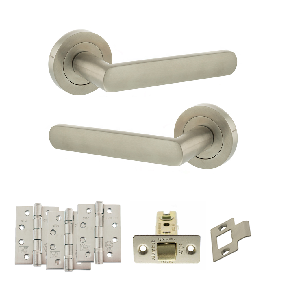 STATUS Carolina Door Handle Pack (Latch Set - 3" CE Latch, 4" Fire Rated Hinges x3) - Satin Nickel