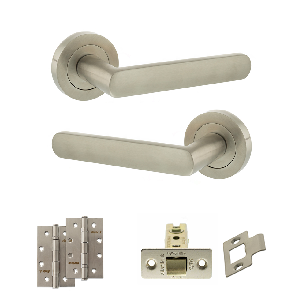 STATUS Carolina Door Handle Pack (Latch Set - 3" CE Latch, 4" Slim Knuckle Hinges x2) - Satin Nickel