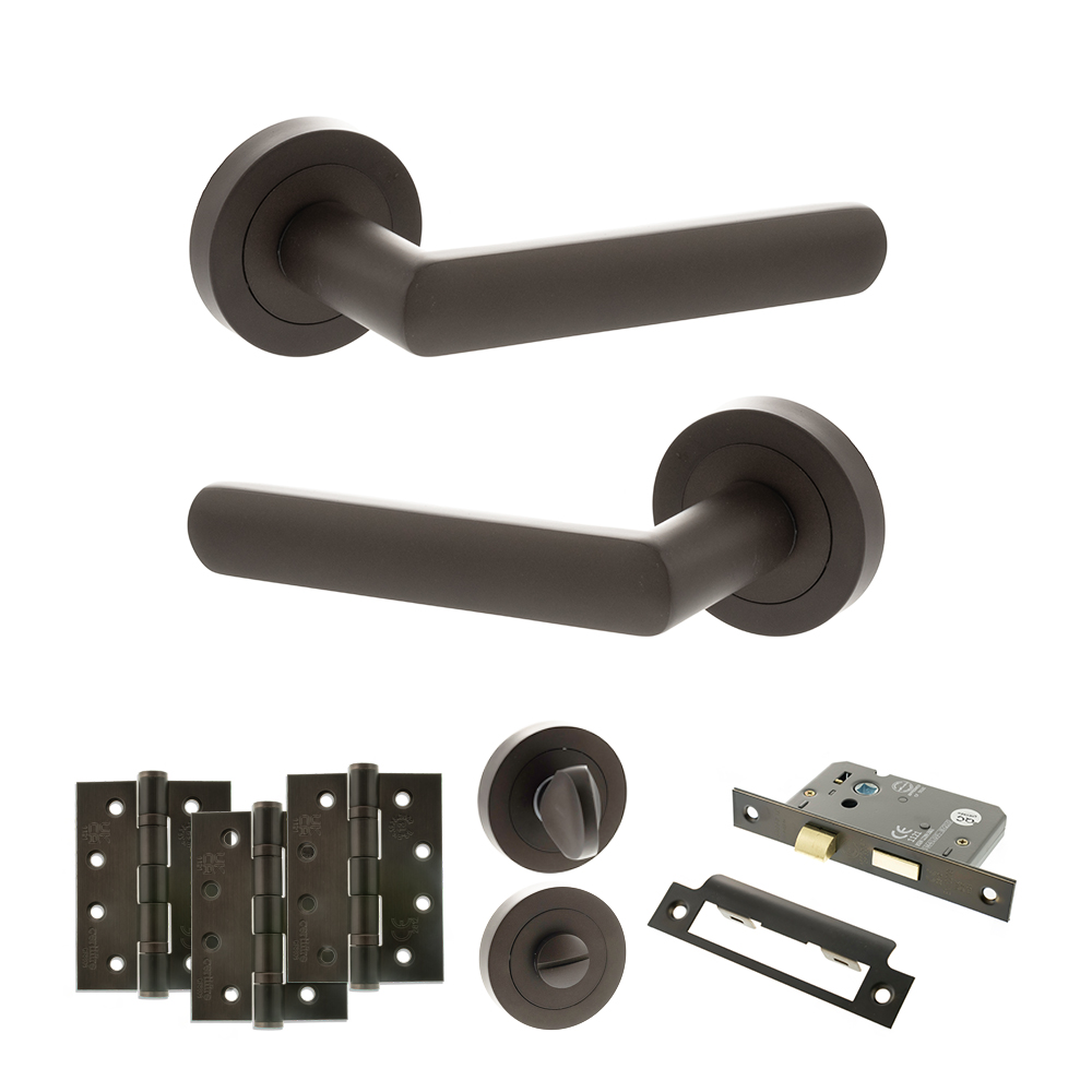 STATUS Carolina Door Handle Pack (Bathroom Set - 3" CE Bathroom Lock, 4" Fire Rated Hinges x3) - Urban Dark Bronze