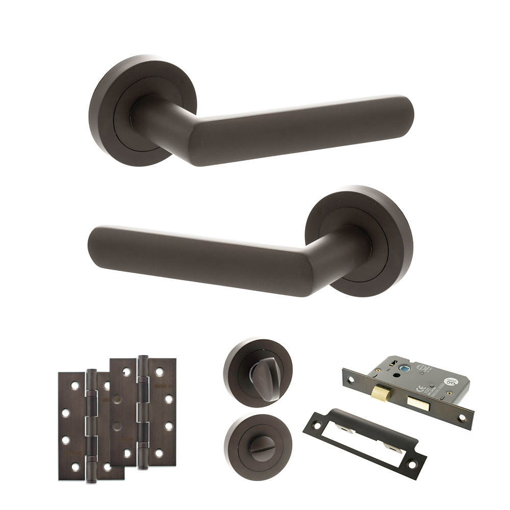 STATUS Carolina Door Handle Pack (Bathroom Set - 2.5" CE Bathroom Lock, 4" Slim Knuckle Hinges x2) - Urban Dark Bronze