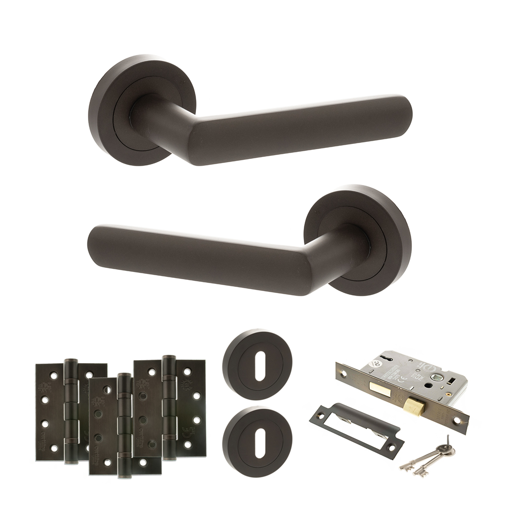 STATUS Carolina Door Handle Pack (3 Lever Lock Set - 2.5" CE Sashlock, 4" Fire Rated Hinges x3) - Urban Dark Bronze